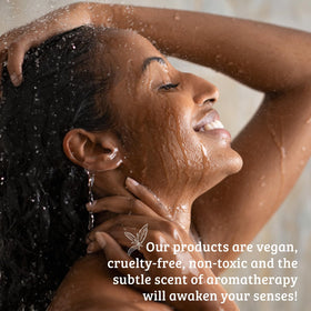 Pharmacopia verbena shampoo bottle on bath shelf conveying organized self-care