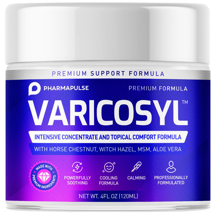 Pharmapulse Varicosyl jar front view showing label and 4oz size for easy identification
