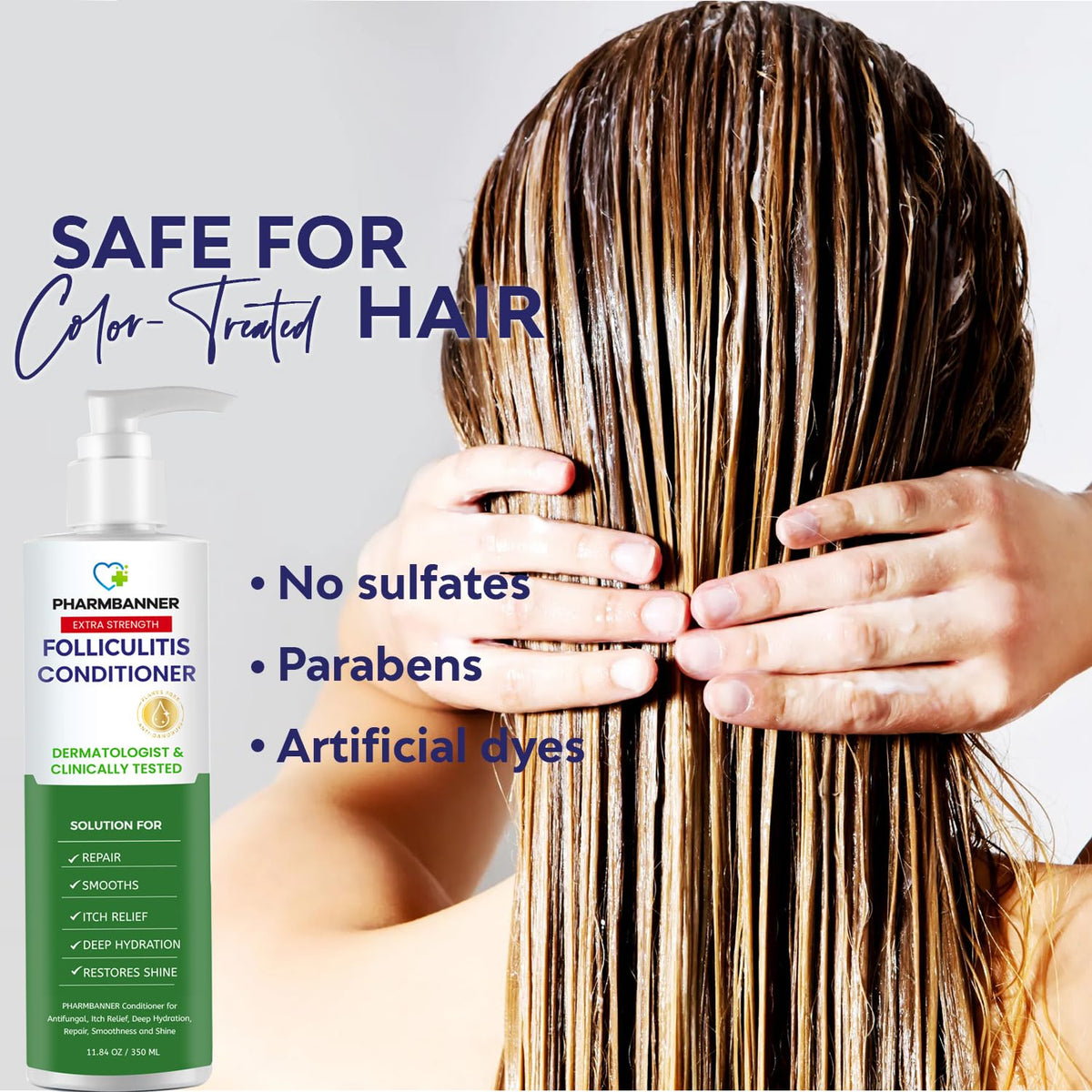 PHARMBANNER conditioner applied to wet hair, demonstrating comfort and detangling