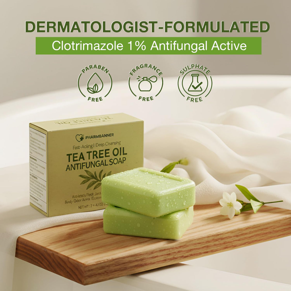 PHARMBANNER bar in use on skin in shower illustrating targeted cleansing for problem areas