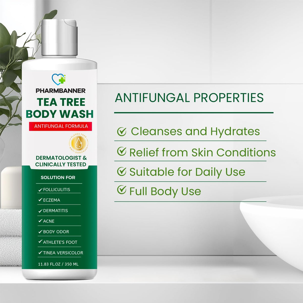 PHARMBANNER tea tree leaves and oil closeup showing natural antifungal support