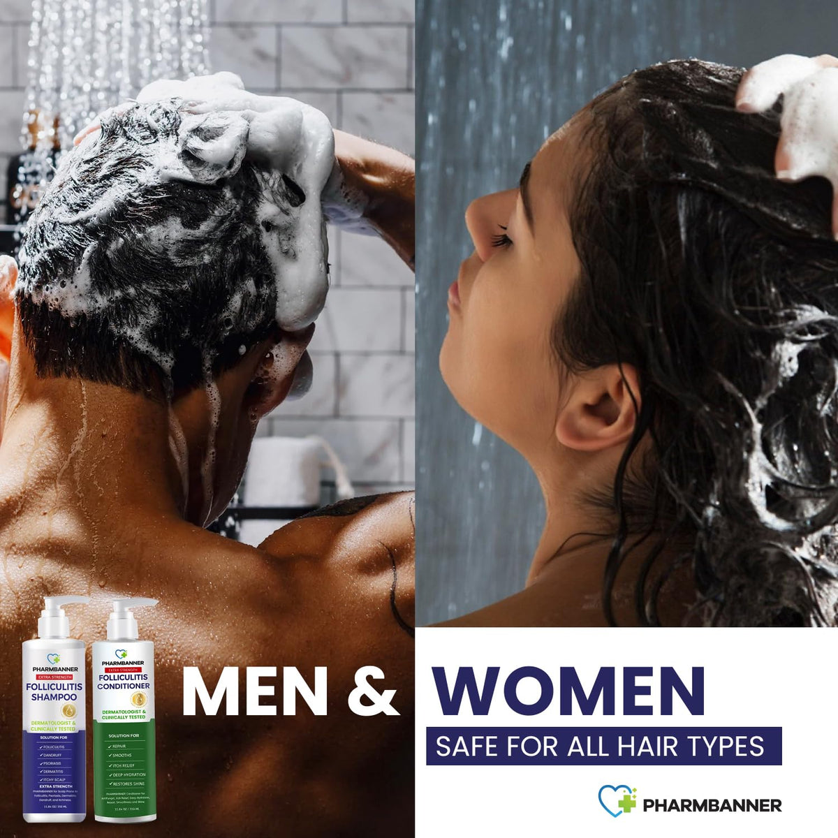 PHARMBANNER shampoo lather in hand showing cleansing action and flake removal benefit