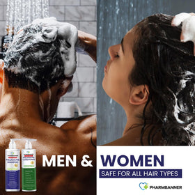 PHARMBANNER shampoo lather in hand showing cleansing action and flake removal benefit