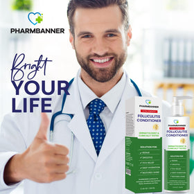 PHARMBANNER bottle next to hand for scale, communicates 11.84 oz size