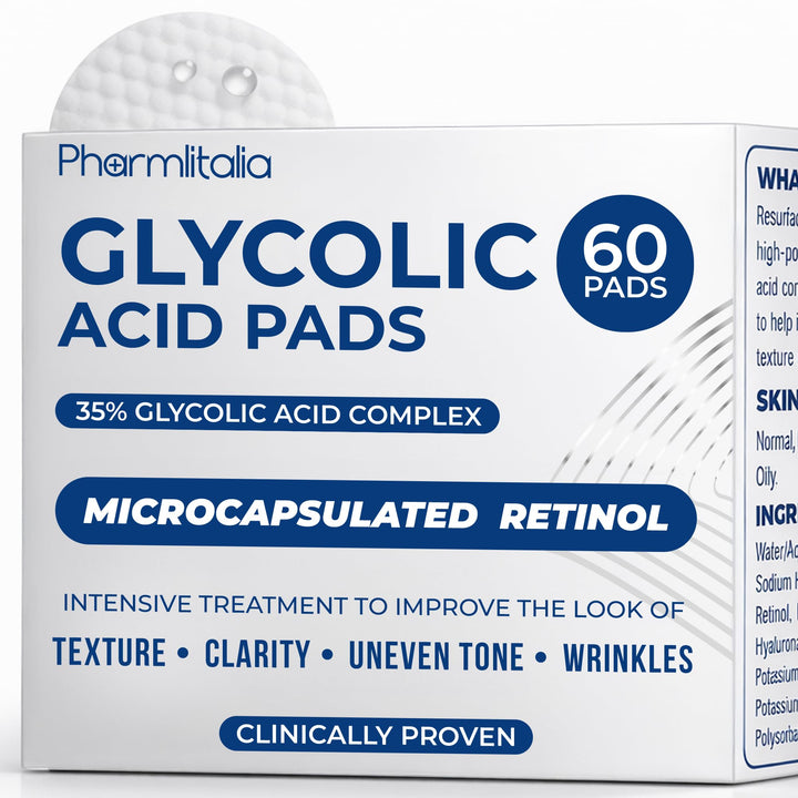 Pharmlitalia front packaging showing 35% glycolic pads and clear labeling benefits