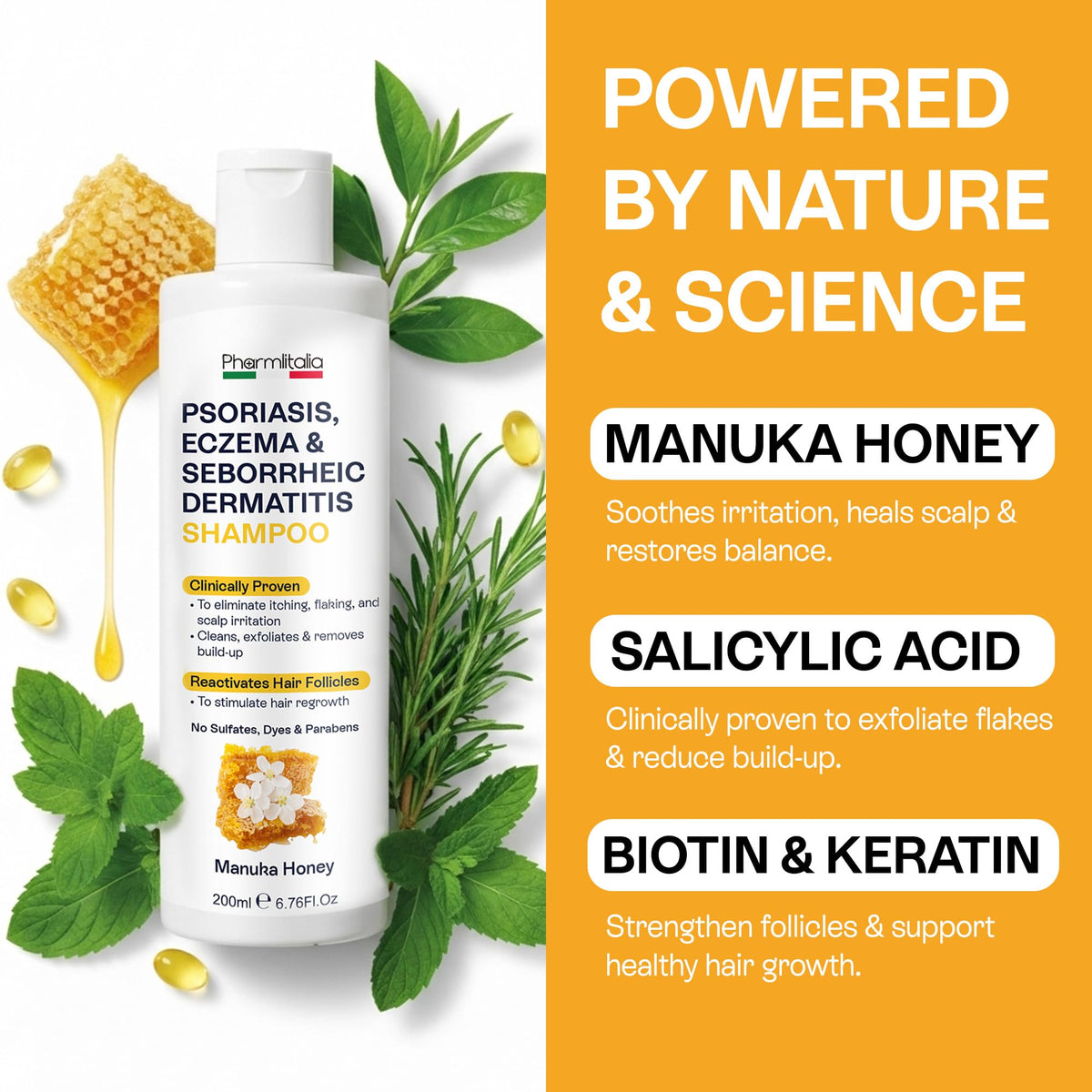Pharmlitalia product near Manuka honey jar emphasizing natural hydration benefit