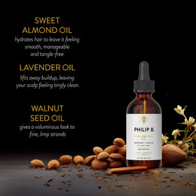 PHILIP B oil applied to hands demonstrating easy distribution and control