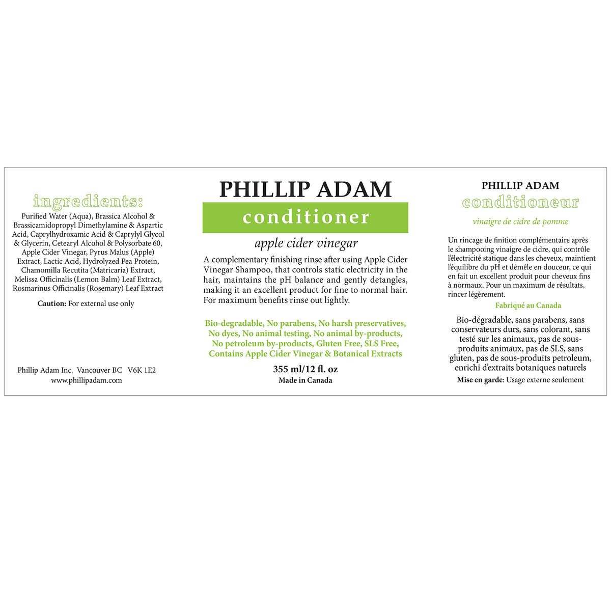 Phillip Adam conditioner back label with ingredient list and usage directions visible