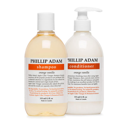 Phillip Adam front packaging showing bottles and orange vanilla scent benefits