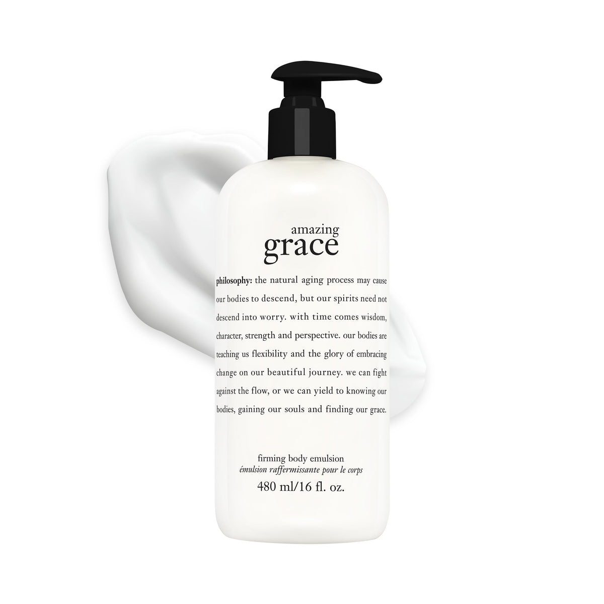philosophy bottle front view showing label and size, clear product identity and benefit