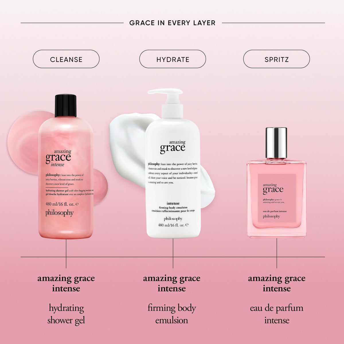 philosophy bottle next to hand for scale, communicates 16 fl oz size and generous value