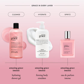 philosophy bottle next to hand for scale, communicates 16 fl oz size and generous value