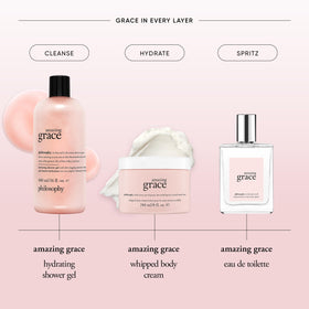 philosophy amazing grace on bathroom shelf styled for morning routine benefit