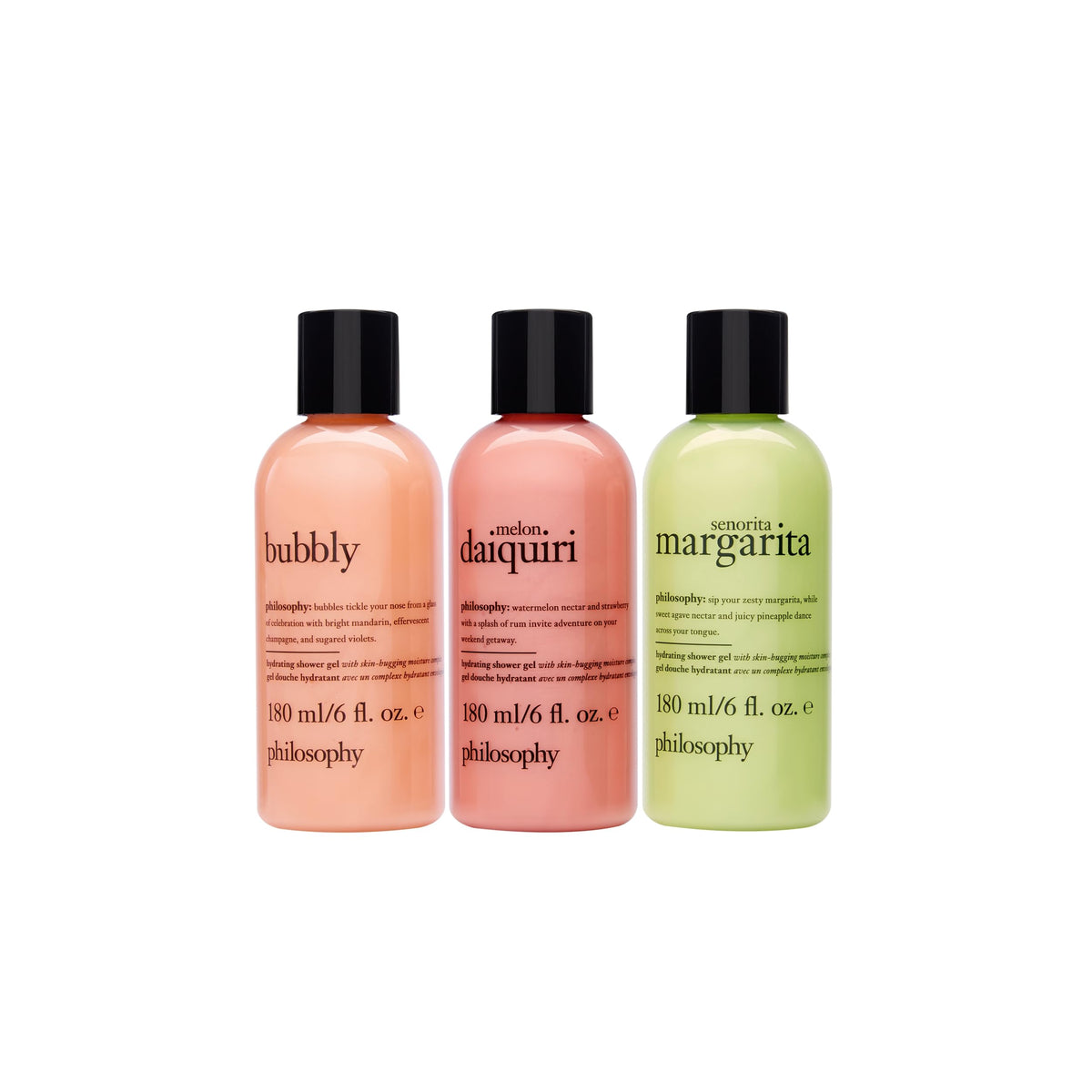 philosophy bottle label close-up highlighting scent name and ingredients benefits