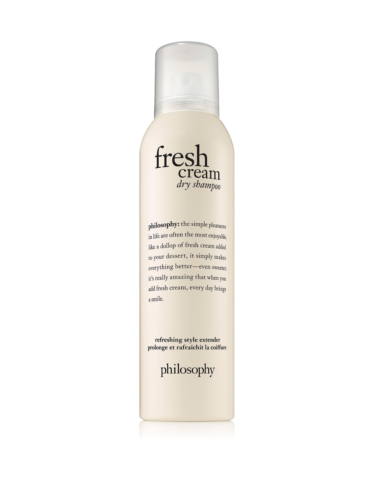 philosophy fresh cream dry shampoo front packaging showing size and label, promotes easy refresh
