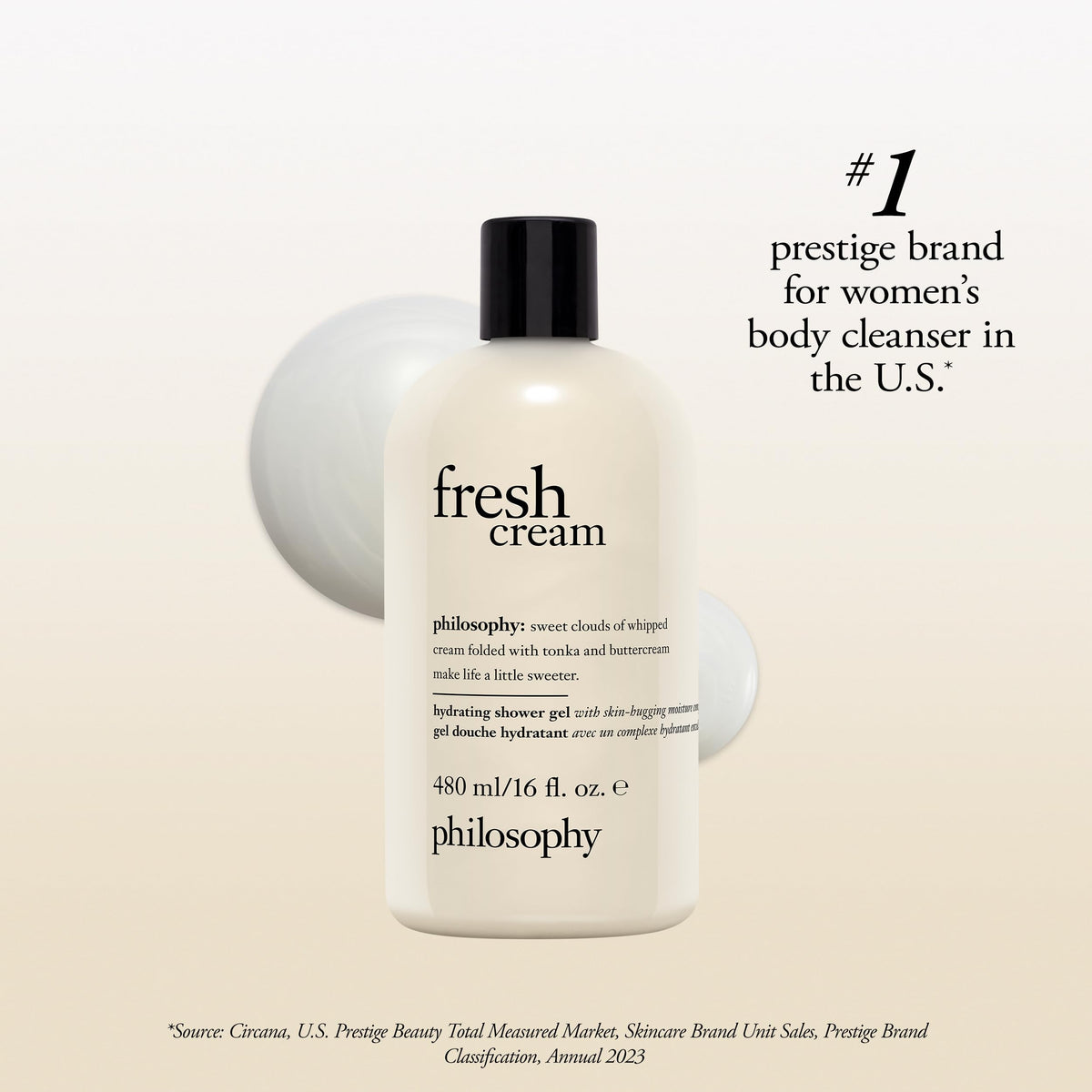 philosophy fresh cream bottle held by hand showing 16 fl oz scale for lasting supply