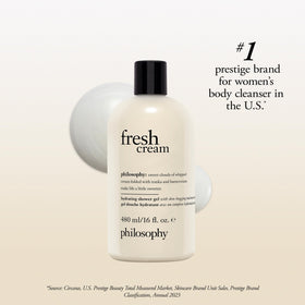 philosophy fresh cream bottle held by hand showing 16 fl oz scale for lasting supply