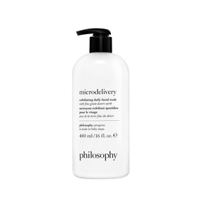 philosophy bottle front packaging shows label and daily exfoliating wash benefits