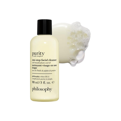 philosophy front packaging of purity cleanser shows clean design and cleansing benefit