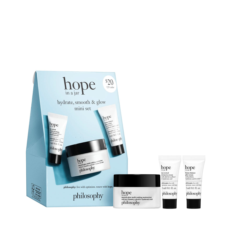 philosophy Hope in a Jar front packaging showing kit benefits for travel
