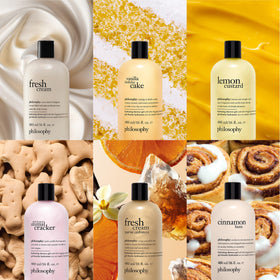 philosophy bottle in shower producing foam demonstrating gentle cleansing and nourishing comfort