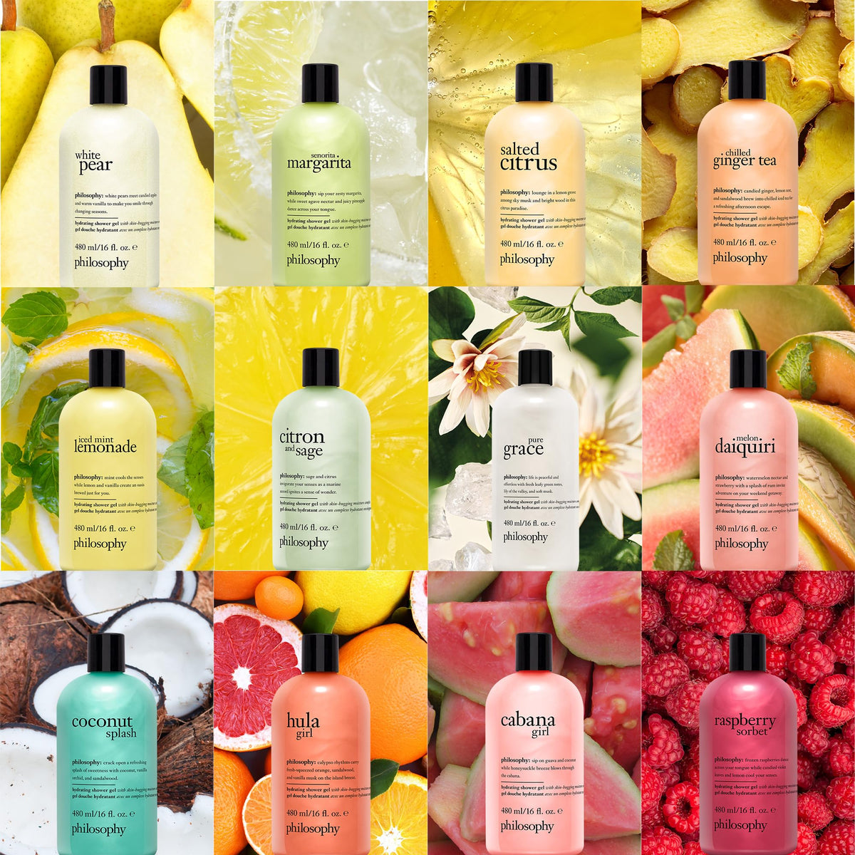 philosophy in-shower use with loofah demonstrating gentle cleansing and mood-lifting scent
