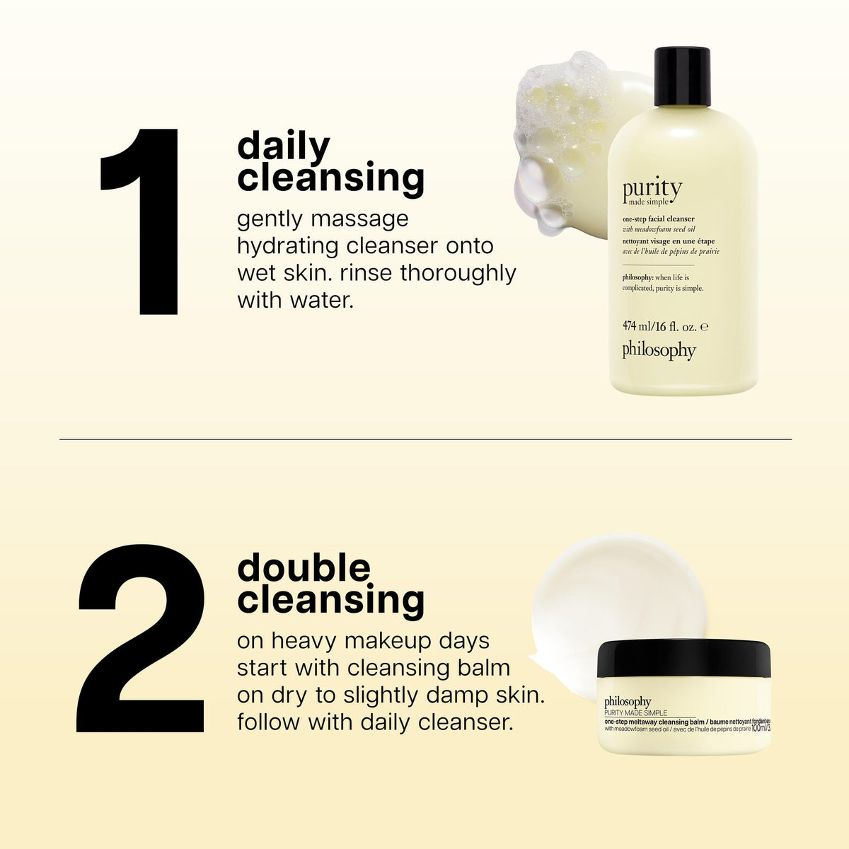 philosophy balm on hand being massaged benefit: shows gentle makeup dissolving action