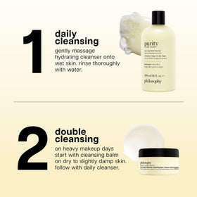 philosophy balm on hand being massaged benefit: shows gentle makeup dissolving action
