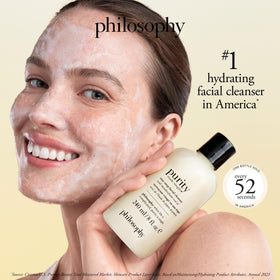 philosophy purity cleanser pump closeup illustrating the bottle design and quick application benefit