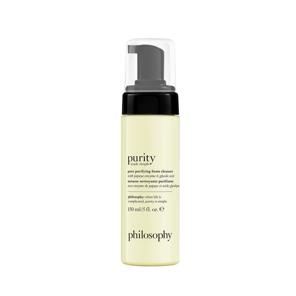 philosophy purity made simple front bottle showing label and pump benefit of foaming cleanser