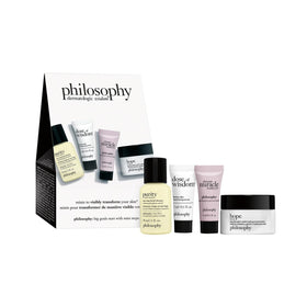 philosophy front packaging showing the travel skincare kit and clear product labels for easy travel