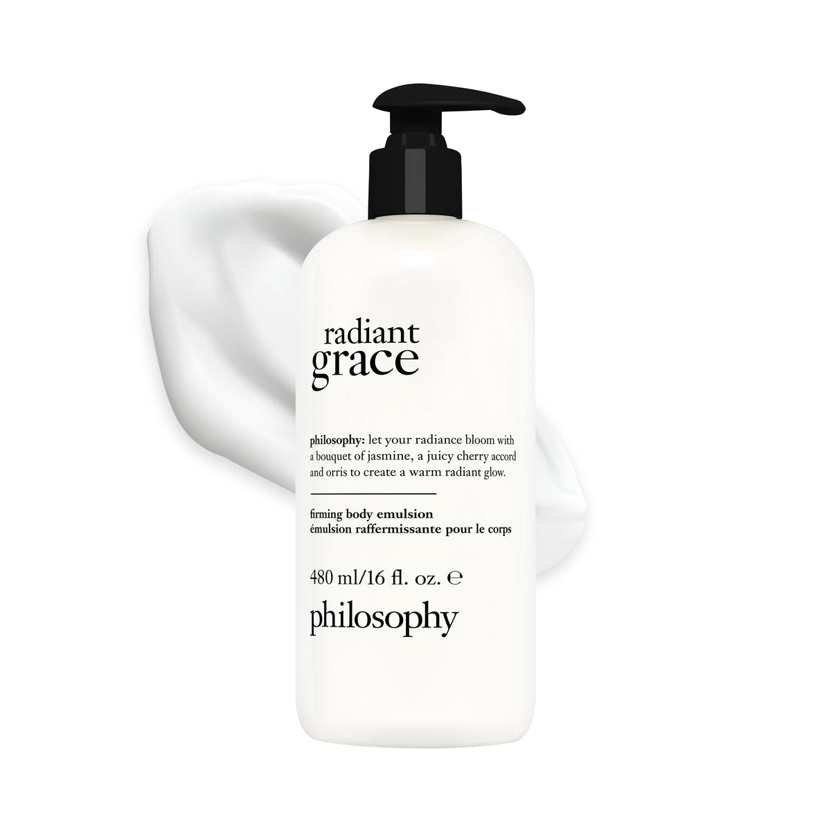 philosophy radiant grace front bottle showing label and size benefit: clear branding