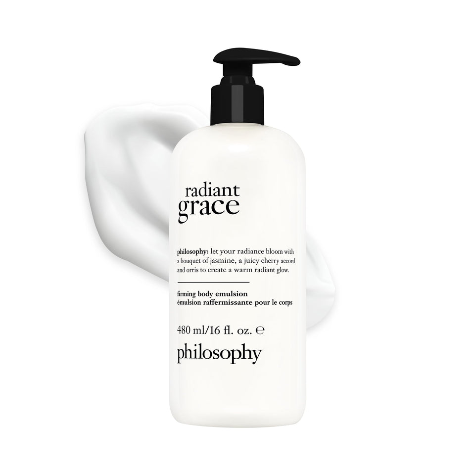 philosophy radiant grace front bottle showing label and size benefit: clear branding