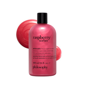 philosophy raspberry sorbet front bottle showing 16 fl oz and bright label for quick identification and gifting