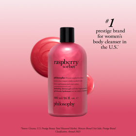 philosophy raspberry sorbet size comparison 16oz beside everyday items to illustrate volume and bathroom shelf scale