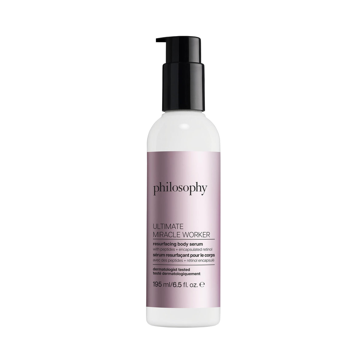 philosophy front packaging showing bottle and label with clear benefits