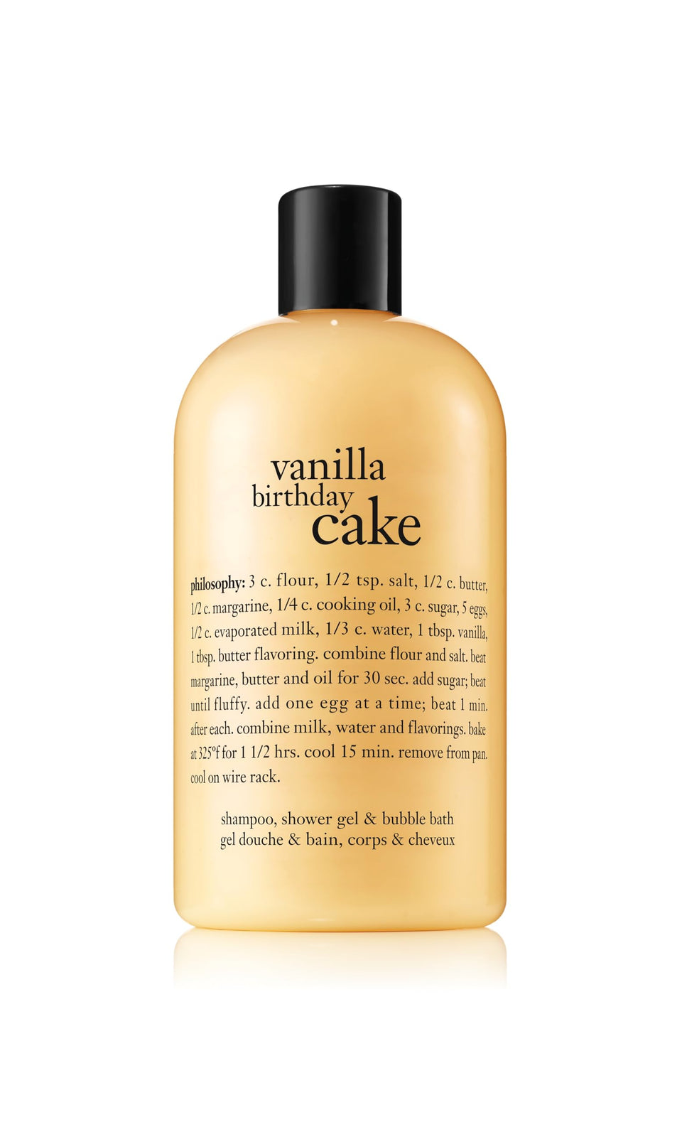 philosophy bottle front packaging showing label and vanilla cake scent, highlights convenience
