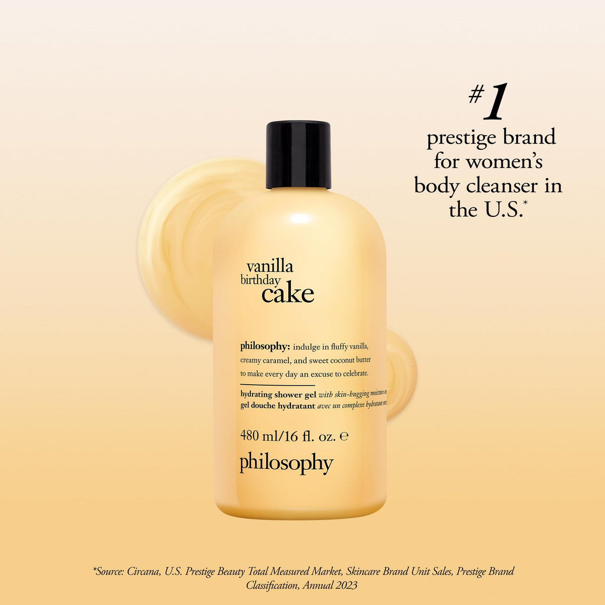 philosophy bottle next to a hand to show 16 fl oz scale and portability