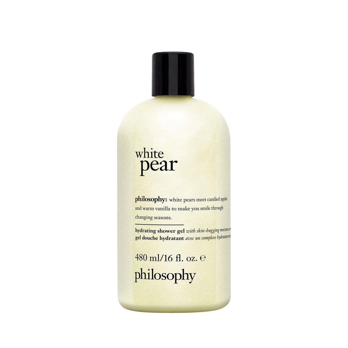 philosophy white pear front packaging showing 16 fl oz bottle and label benefits
