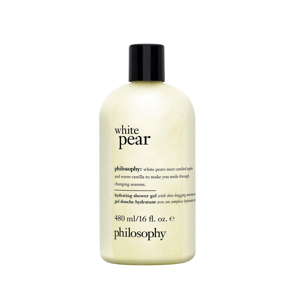 philosophy white pear front packaging showing 16 fl oz bottle and label benefits