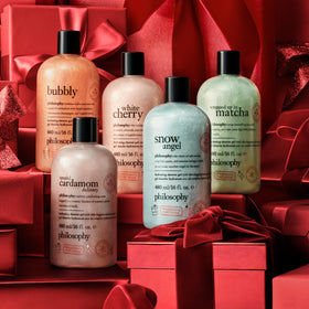 philosophy bottle in holiday gift setting showing presentable packaging benefit