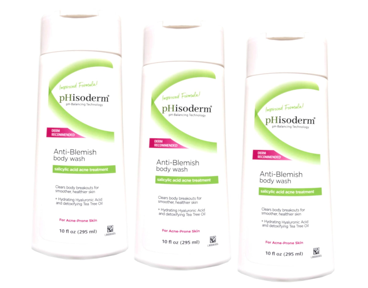 pHisoderm front packaging showing three bottles and clear acne care benefits