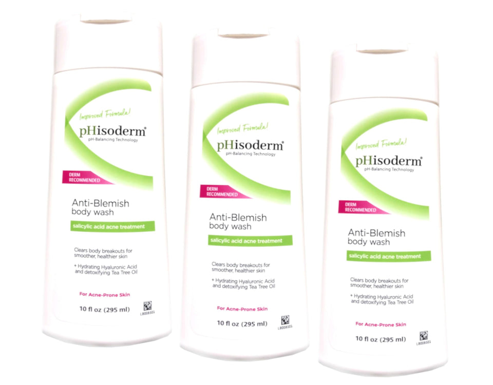 pHisoderm front packaging showing three bottles and clear acne care benefits
