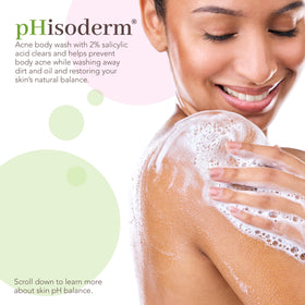 pHisoderm pump and label detail highlighting active ingredients and pH balance