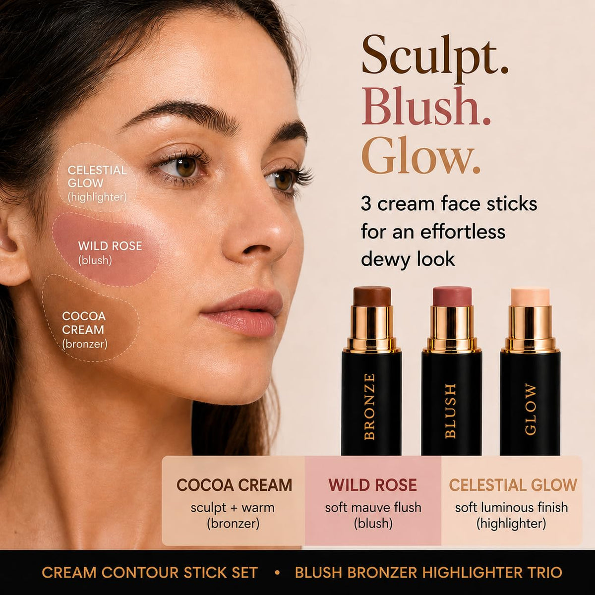 Phoenix Beauty Cocoa Cream bronzer swatches showing warm sculpting payoff
