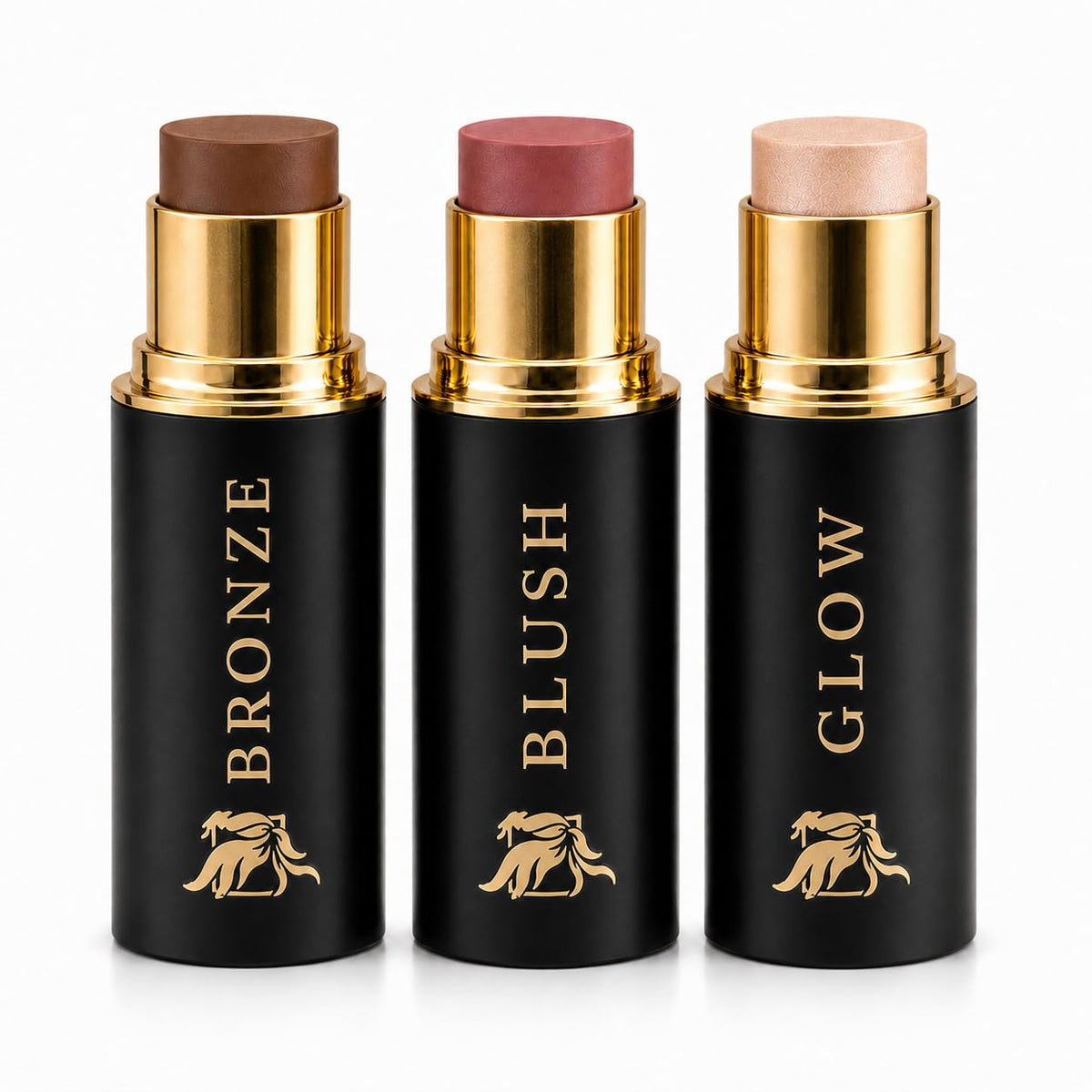 Phoenix Beauty front packaging showing three sticks and luxe finish benefit