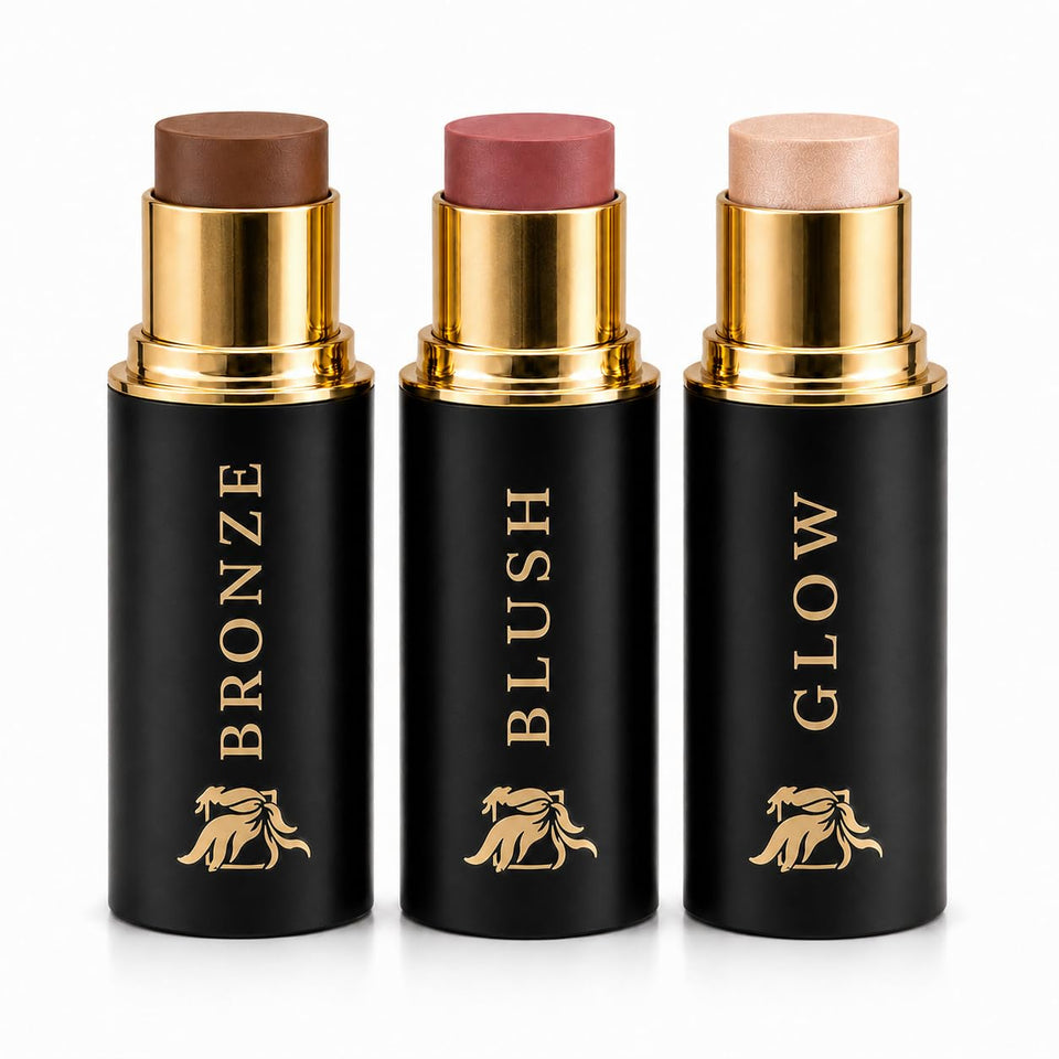 Phoenix Beauty front packaging showing three sticks and luxe finish benefit