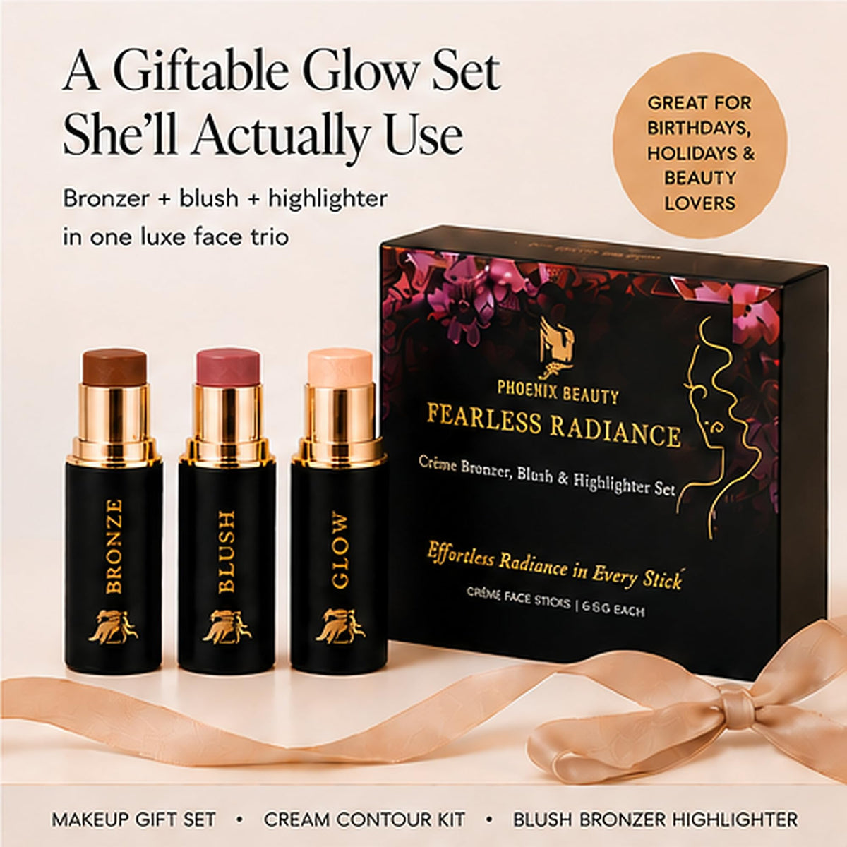 Phoenix Beauty trio placed in purse showing portable, mess-free benefit