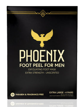 Phoenix Foot Peel front packaging showing four sealed booties and product name benefits