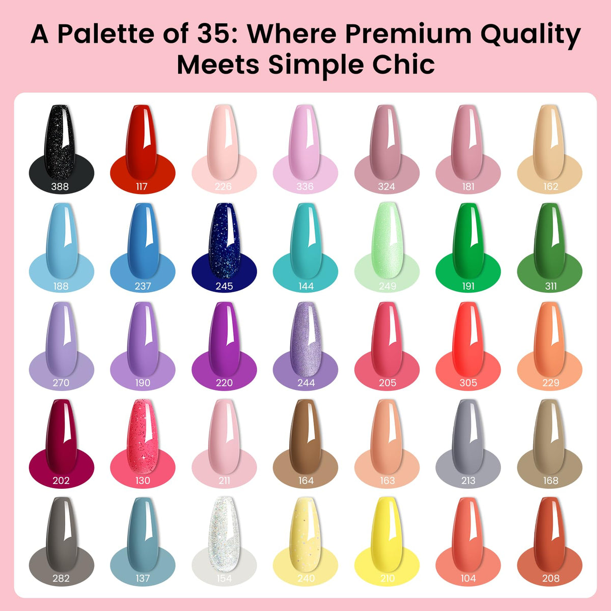 phoenixy 35 gel polish colors lined up showing wide shade selection benefit